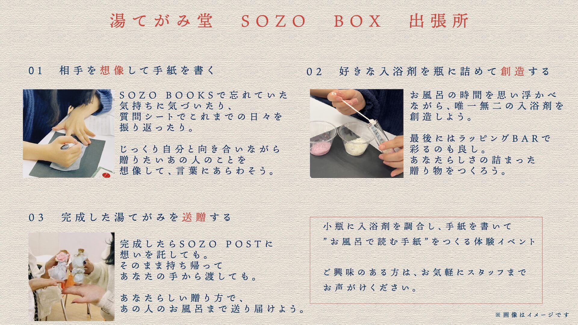 湯てがみ堂 SOZO BOX出張所での流れ